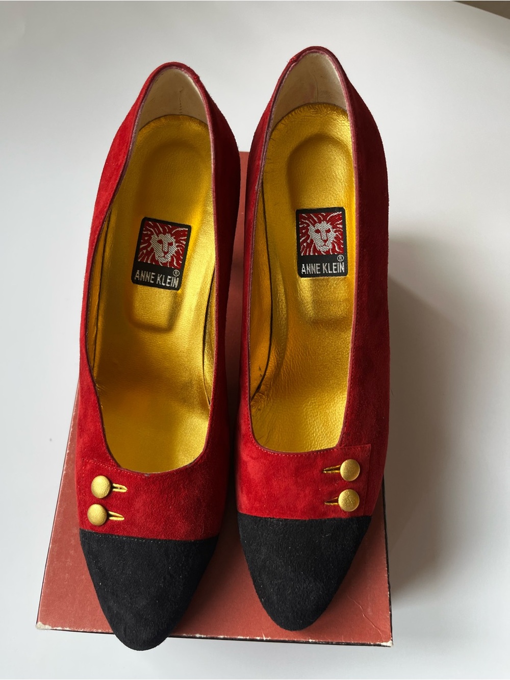 Anne Klein Red Suede Pumps with Black Cap Toe and Gold Accents